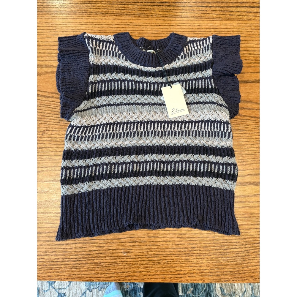 Elan Womens Navy Blue Striped Ruffle Sleeve Cable Knit Sweater Vest SWS10890 M
